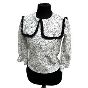 Peter Pan Collar Blouse Ruffled White Black Floral Girl XXS Dollcore Victorian